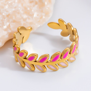 European Style <b>Open</b> Leaf <b>Ring</b> For Women Stainless Steel 18K Gold Plated Colorful Enamel Jewelry Gift Fashion <b>Rings</b> - Product Image 4