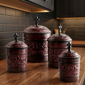 Classic Metal Spice Containers Set With Fleur De Lis Design Round Shape With Lid Storage <b>Bins</b> For <b>Kitchen</b> Use - Product Image 4