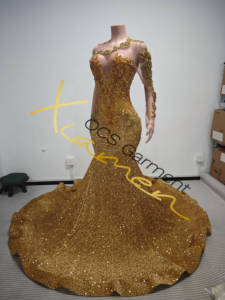 Fornitori Verificati Ocstrade Abiti da Sera Personalizzati Monospalla Stile Principessa con Strass Dorati di Lusso per Donna - Product Image 5