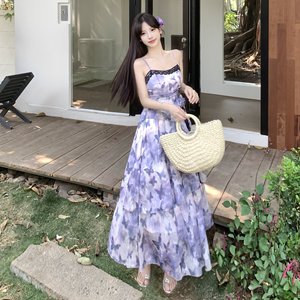 French Retro Butterfly Print Tie Dye Irregular Hem Pleated Waist <b>Suspender</b> Dress Spaghetti Strap Empire Waist Vintage Casual - Product Image 4