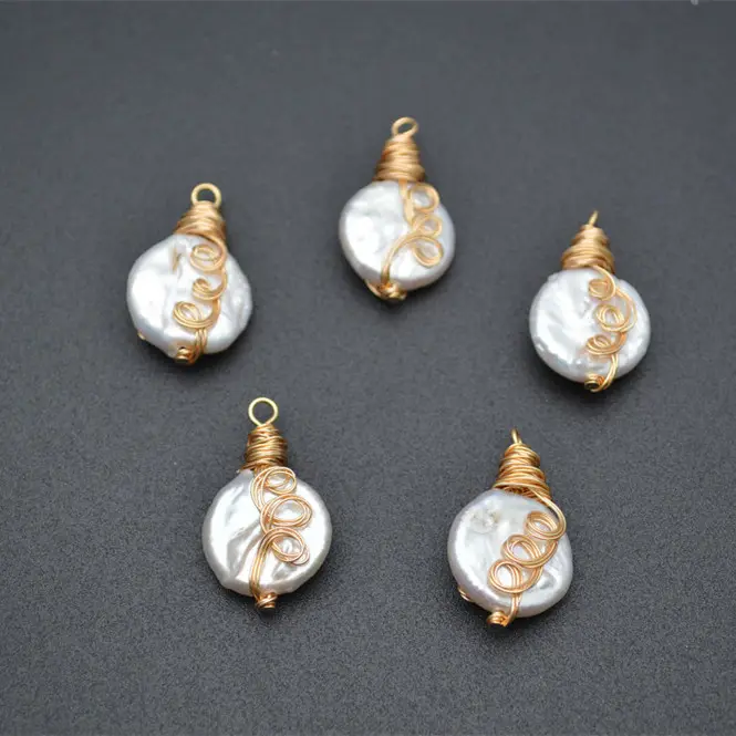 Baroque Gold Wire Wrap White Pearl Pendants for Handmade Jewelry Making