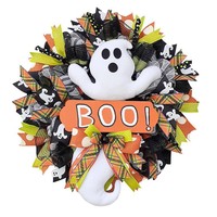 Couronne fantôme artisanale directement de l'usine, design chapeau de sorcière avec ruban en maille pour décoration extérieure de porche d'Halloween, vente en gros