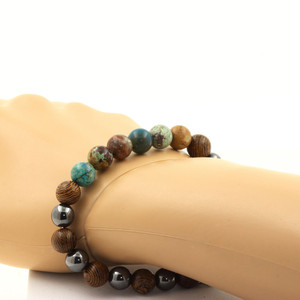 Chrysocolla from Namibia + Hematite + wood 8 mm <b>beads</b> <b>Bracelet</b>. Made in France - Product Image 1