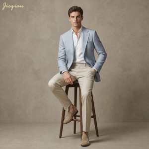 <span class=keywords><strong>Blazer</strong></span> da Uomo su Misura Blu Chiaro, Lussuoso in Misto Lino, Vestibilità Slim, per Matrimonio, Sposo, Business, Giacca Estiva Formale da Cerimonia - Product Image 3