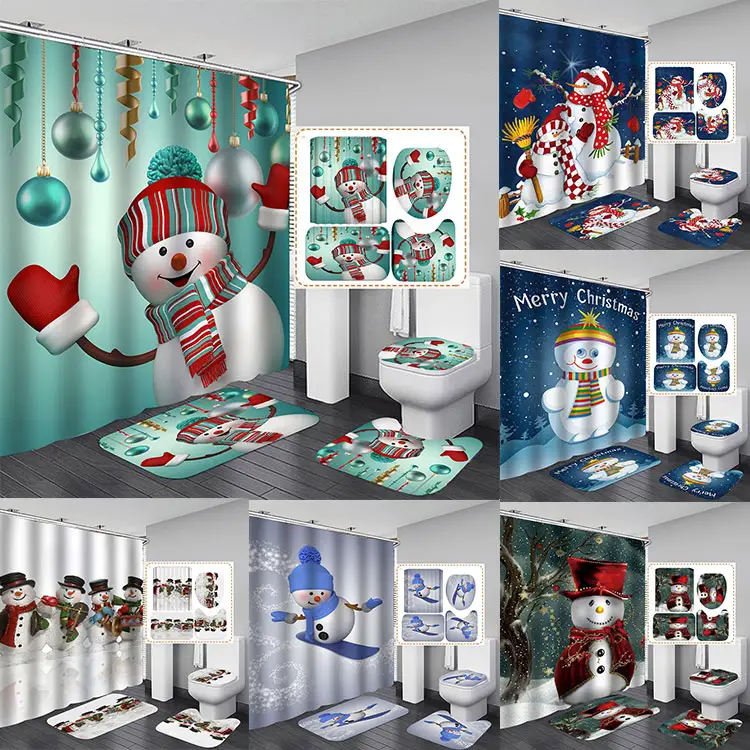 Christmas Snowman Print Polyester Cartoon Washable Shower Curtain for Bathroom