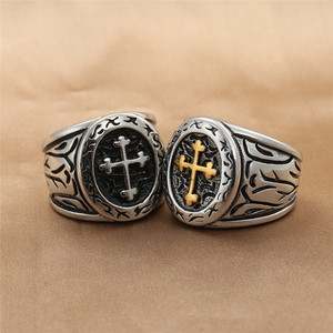 European Style Titanium Steel Cross <b>Ring</b> Men's Punk Jewelry <b>Silver</b> And Gold Color 29038 - Product Image 1