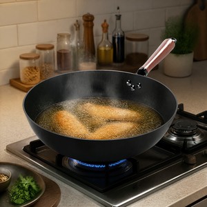 Wok chino de hierro hilado con patrón de anillos concéntricos, sartén antiadherente de borde ancho para cocina profesional de restaurante - Product Image 5