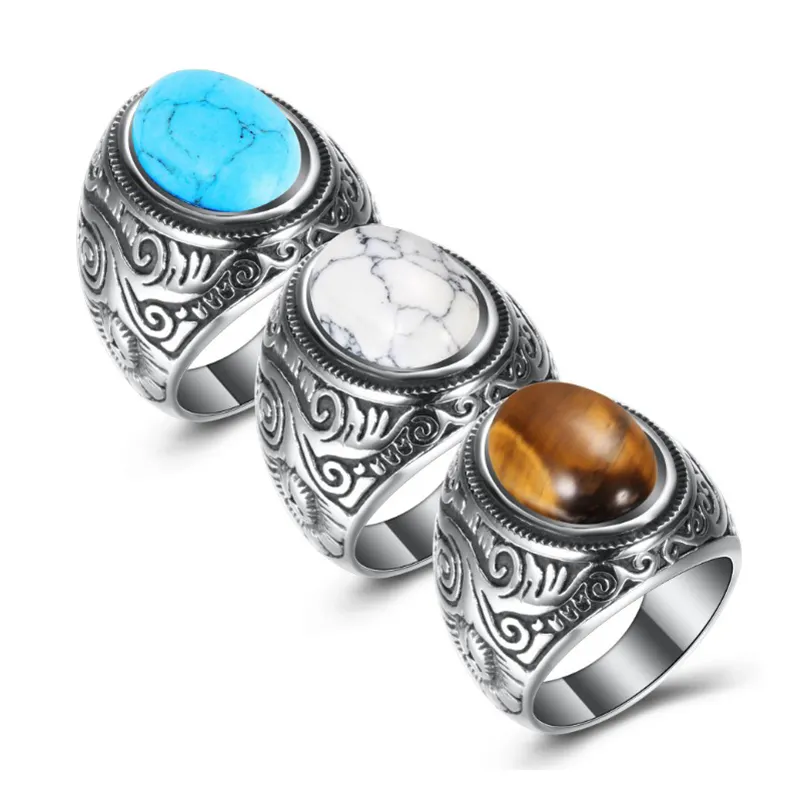 Fashion Jewelry Vintage Turquoise Ring Titanium Stainless Steel Natural Stone Men Finger Rings