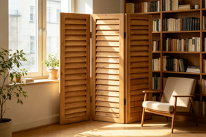Paravent pliant en bois à 3 panneaux, artisanal, style folklorique bohème, multifonctionnel, écran d'intimité opaque avec structure en cadre - Product Image 3