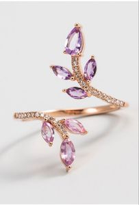 Anillo de Lujo Chapado en Oro Rosa con Diseño de Hoja y Circonita Cúbica Morada, Anillo Ajustable con Ramas para Mujer, Joyería Inspirada en la Naturaleza - Product Image 3