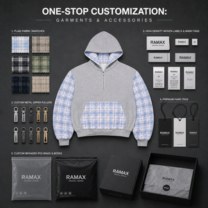 Sudadera con capucha para hombre personalizada, de algodón de alto gramaje, con media cremallera, patchwork a cuadros y mangas a cuadros en contraste, estilo oversize streetwear, al por mayor - Product Image 2