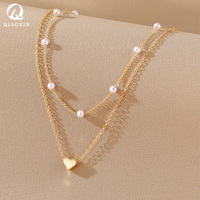 Collier ajustable en alliage avec breloque cœur en fausse perle, chaîne multicouche pour clavicule, vente en gros