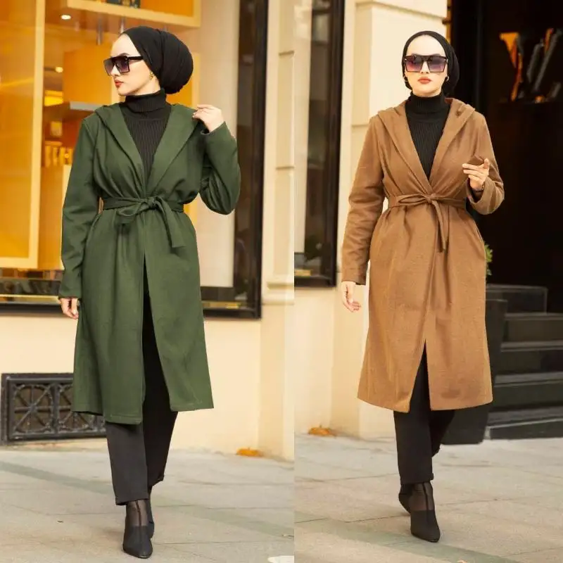 Cap Winter Long Sleeve Dress Tunic Belt Women Muslim Hijab Fashion Turkey Dubai Islamic Ethnic Clothing Hooded Cachet Coat