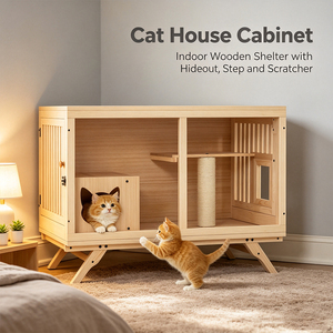 Casa para Gatos de Madera Natural Ecológica y Saludable con Poste Rascador y Puerta de <span class=keywords><strong>Escape</strong></span> para Gatos de Interior, Muebles Modernos para Mascotas - Product Image 1