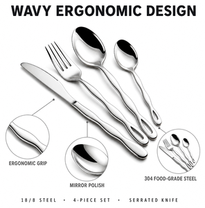 Ensemble de <span class=keywords><strong>couverts</strong></span> 4 pièces en acier inoxydable 304, finition miroir, avec manche ergonomique ondulé, pour hôtels et restaurants (vente en gros) - Product Image 6