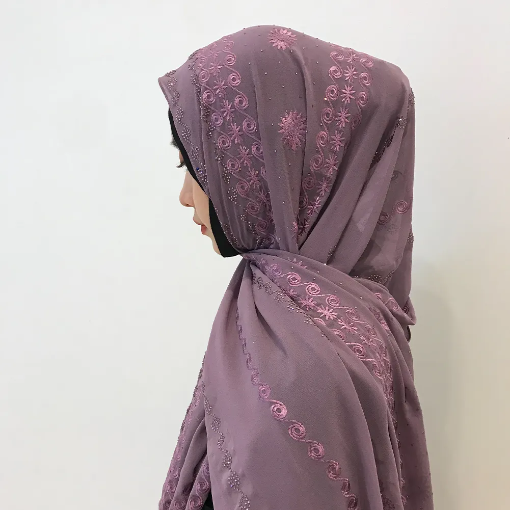 Siwen cachecol bordado kashkha, atacado personalizado, alta qualidade, flor, strass, chiffon, lenço para mulheres, hijab