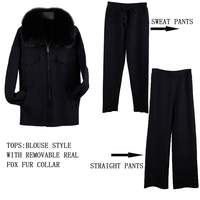 Ensemble Sport Décontracté Tricoté 2 Pièces pour Femme, Manteau en Laine Mélangée avec Col en Laine et Poche Poitrine, et Pantalon