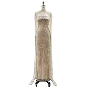 Luxury Dubai Evening Dresses with Cape Heavy Pearls Formal Occasion Dresses for Women Arabic Wedding Party Gowns