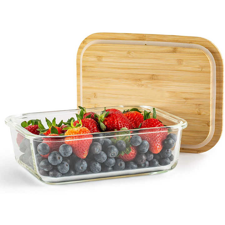 Tapas de bambu de vidrio para microondas contenedores de preparacion de comidas despensa de almacenamiento de