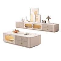 Ensemble Table Basse et Meuble TV Luxe Moderne, Couleur Personnalisable, Bois Massif Pur, Meubles de Salon pour Petit Appartement, Plateau en Pierre