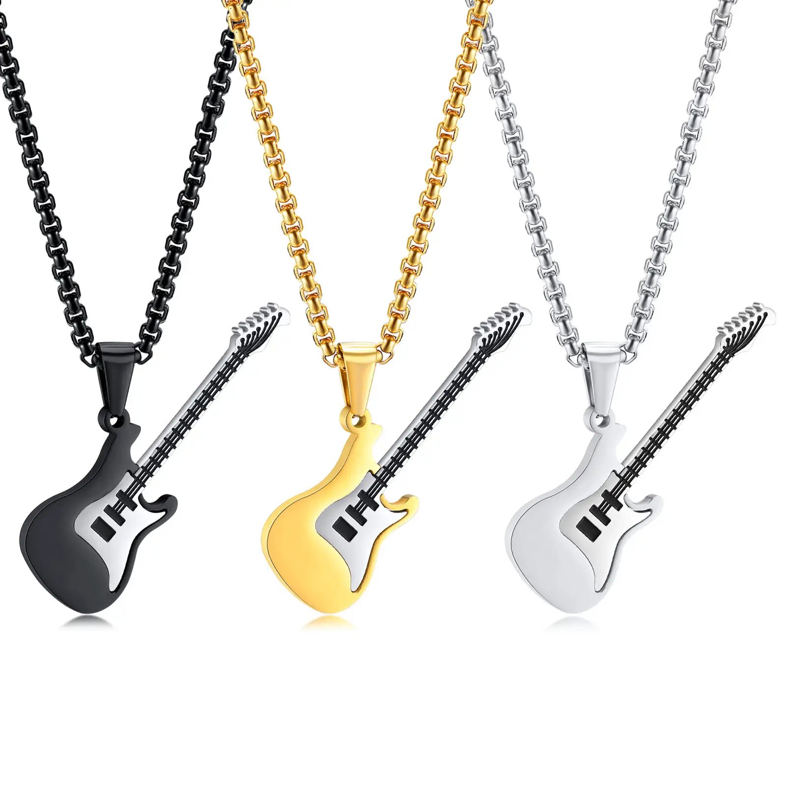 Fashion Hip Hops Stainless Steel Guitar Pendant Necklace Wholesale Blacking Plating Musical Instrument Necklace For Men Jewelry