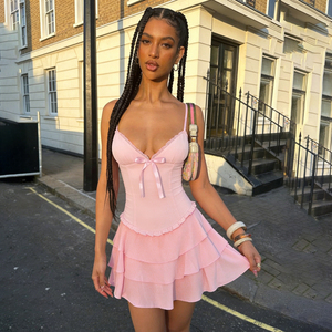 Sweet Pink Bow Detail Ruched Bust Lace Patchwork Cami Dress Layered Mini Dress Party Wear Versatile - Product Image 1