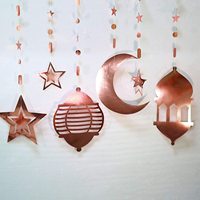 6 pièces Guirlande de Ramadan EID Mubarak, lanterne étoile et croissant de lune islamique argentée et bleue métallique, guirlande suspendue Euphoria pour décoration de fond