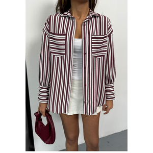 Camisa Casual Holgada de Seda y Algodón Borgoña con Rayas y Patrón Floral Bordado, Tejido Transpirable, Talla XL para Todas las Temporadas - Product Image 1