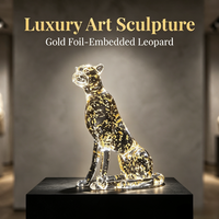 Sculpture de guépard en acrylique de luxe avec feuille d'or intégrée, statue de léopard assis transparente comme du cristal, décoration pour la maison, le bureau, le hall, collection d'art