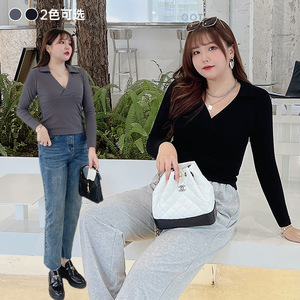 Plus Size Women <b>T</b>-<b>Shirt</b> Deep V-Neck Slim Fit Solid Color Cotton Knitted <b>Long</b> Sleeve <b>Black</b> Gray N8297 - Product Image 1