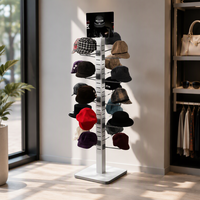 Présentoir à chapeaux en fil métallique autoportant sur 4 côtés, personnalisé, durable, pour casquettes de sport, avec étagère et en-tête