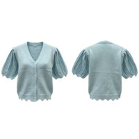 Cárdigan de punto para mujer con manga corta abullonada, cuello en V, bajo festoneado y botones, suéter de punto para primavera
