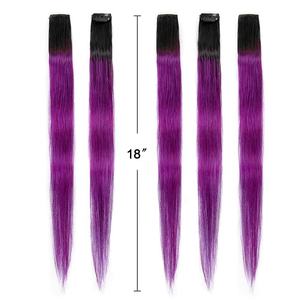 Extensions de cheveux à clips Remy de 18 pouces, 100% cheveux humains naturels, 1 pièce, lisses, mèches colorées, postiches à clips - Product Image 3
