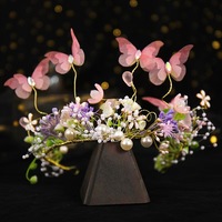 Serre-tête Nicro fait main avec fleurs, perles artificielles et papillons, ruban à pompons, accessoires pour cheveux d'enfant, fournitures pour fête d'anniversaire