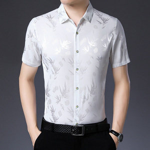 Chemise à manches courtes en soie glacée à motif floral pour homme, fine, respirante, coupe ample, tenue décontractée d'été - Product Image 2