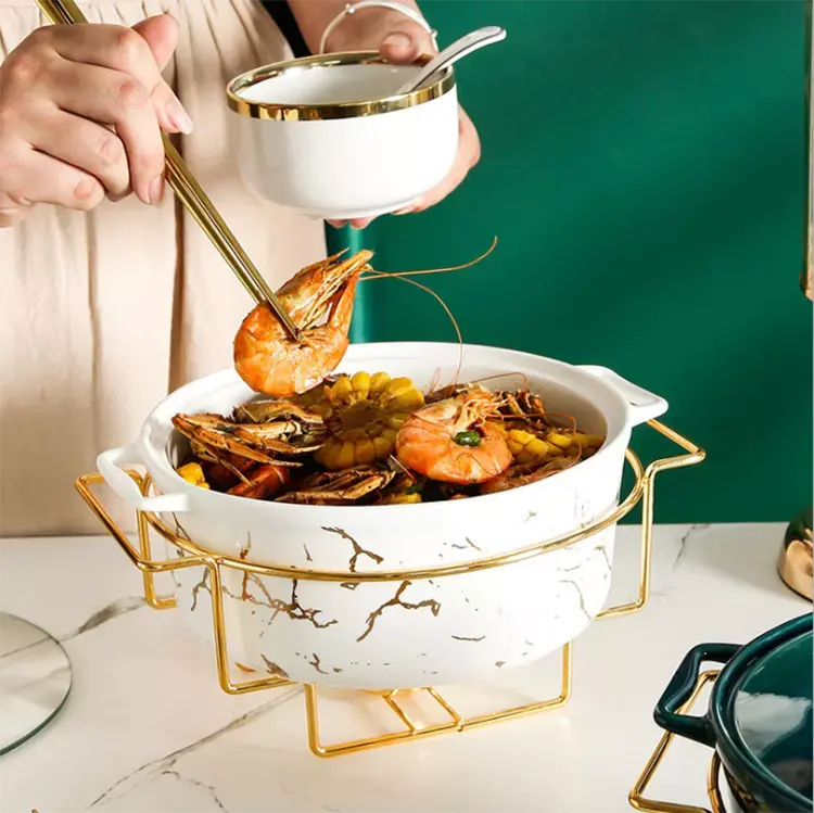 Olla de sopa de cerámica con diseño de oro de mármol, vajilla seca para el hogar con mango y portavelas, nuevo diseño