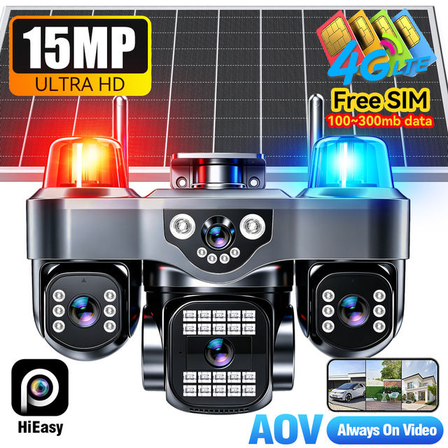 15MP Hieasy Solar Powered Wireless 4G WiFi Camera PTZ Camera 4K Outdoor Security 4G Sim Card Solar CCTV Camera