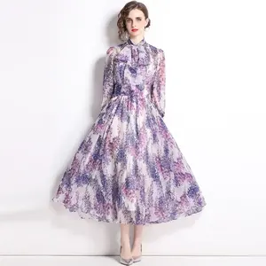 2024 Spring Fashion Bohemian Style Purple Floral Print Maxi Chiffon Dress Women Elegant Bow Collar Long Vacation Beach Vestidos