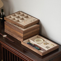 Plateau à bijoux en bois de noyer noir, doublé de velours, empilable, organisateur pour bagues, boucles d'oreilles, colliers, bracelets, rangement multi-compartiments