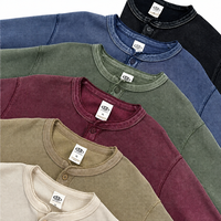 Kaos Henley Pria Musim Gugur 2026, Rajutan Waffle, Pewarnaan Batik, Efek Pudar, Polos, Longgar, Lengan Panjang, Kancing Dada