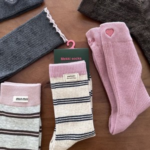 Mekki <b>Socks</b> Women's Mid-Calf Slouch <b>Socks</b> Pink Striped Heart Print Breathable Warm Autumn Wear - Product Image 1