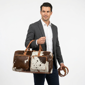 Men's Cowhide Leather Duffle Bag Rectangular Zipper Closure Double Handle Multiple Compartments Travel Utility Pocket - Product Image 1