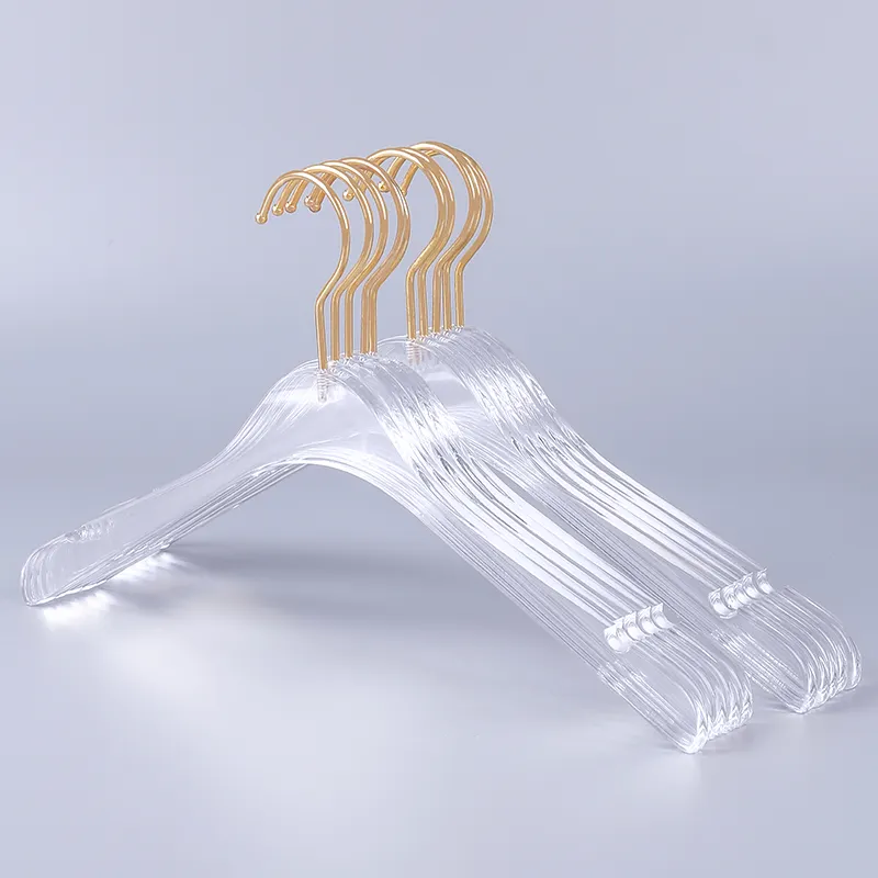 Eco-friendly Plastic Custom Clear Acrylic Clothes Hangers with Gold Chrome Plated Steel Hooks