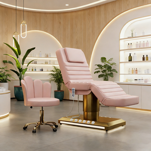 Lit d'extension électrique à trois moteurs avec base imitation bois et revêtement en velours, lit de massage, spa, soins du visage et extensions de cils, avec commande au pied et lampe LED - Product Image 2