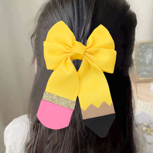 CN nuevo diseño personalizado accesorios para el cabello volver a la escuela hermosa cinta amarilla lápiz escuela lazos para el cabello Clips para niñas - Product Image 6