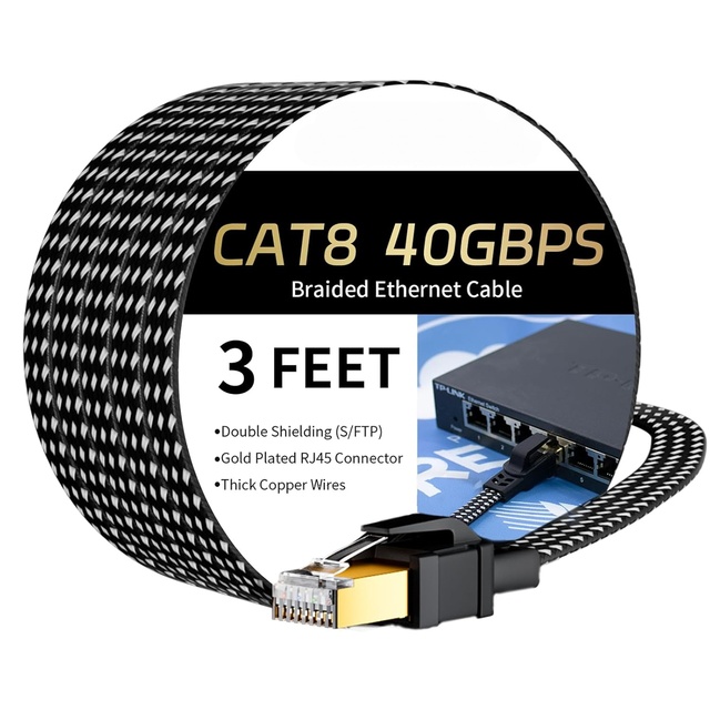 Cat8 Ethernet Cable 25FT High-Speed Braided PVC Insulation Industrial Use Gold Plated RJ45 Connector 40Gbps 2000Mhz