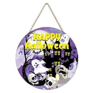 Letrero Redondo de Madera para Colgar en la Puerta de Halloween, Decoración de Halloween con Letras Impresas, Calabaza Espeluznante, Gato Negro, Bruja, Decoración de Pared - Product Image 5