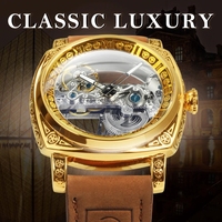 Forsining Montre Automatique Squelette Carrée Transparente pour Hommes Rétro Boîtier Gravé Luxe Lumineux Pont Doré Ceinture Horloge pour Homme