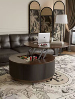 Table basse ronde élégante avec côtés cannelés, mécanisme de levage et rangement intégré
