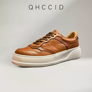 Qhccid Genuine Leather Casual Shoes Brown Mid <b>Heel</b> Thick Sole Unisex Breathable Lightweight Daily Wear - Product Image 3